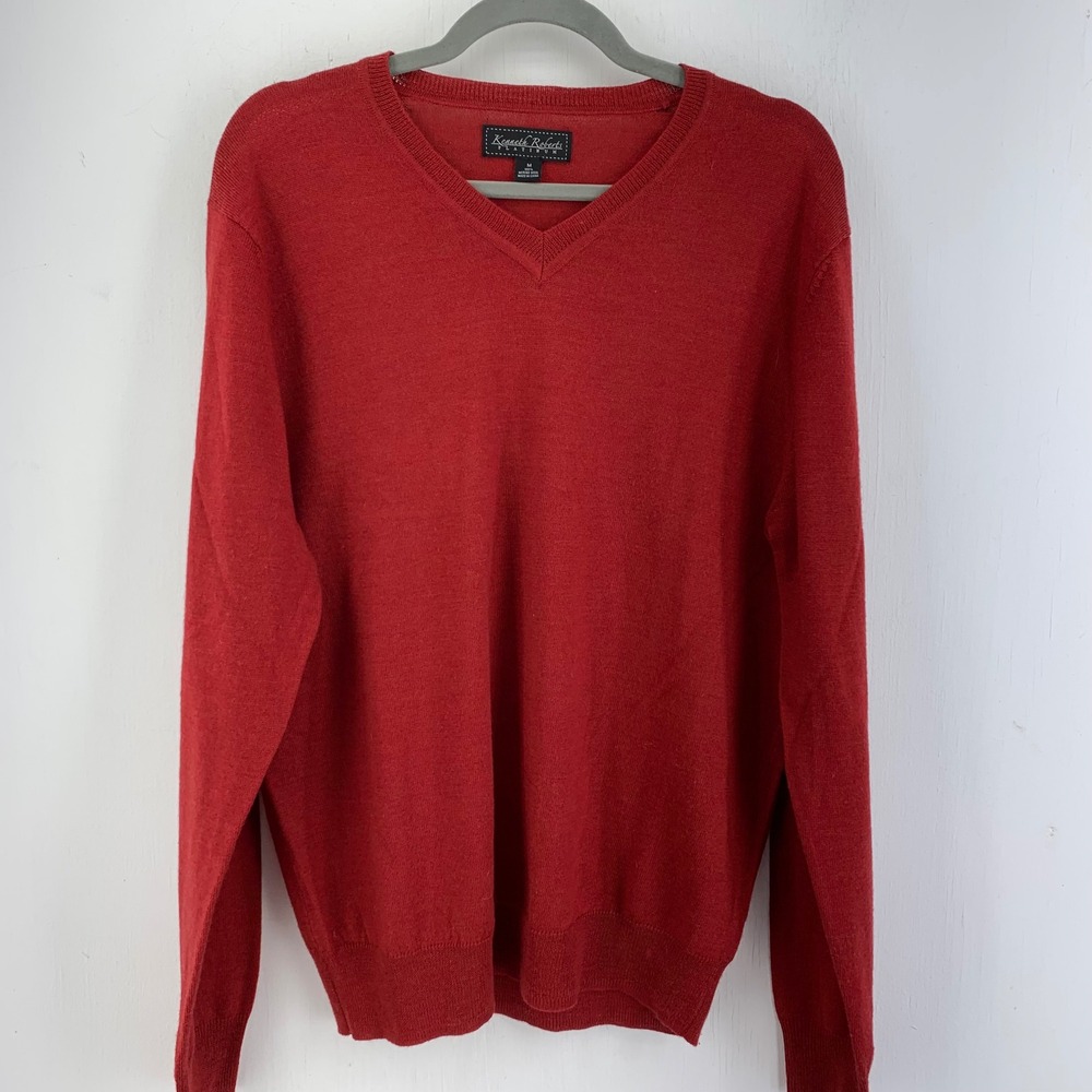 Kenneth Roberts Mens Medium Red Merino Wool V-Neck Sweater Casual Preppy Golf